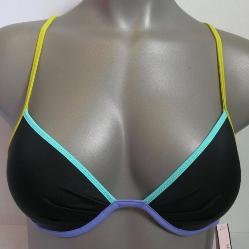 VICTORIA'S SECRET Black + Pastel Straps The Fabulous Push Up Bikini Top 34B - Picture 3 of 8